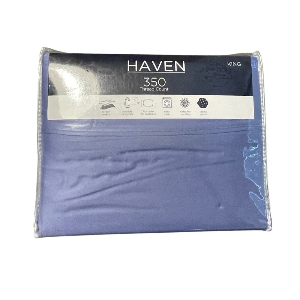 Haven 350 Thread Count King Sheet Set Blue Alpha Cotton Sateen 4pc Deep Pocket
